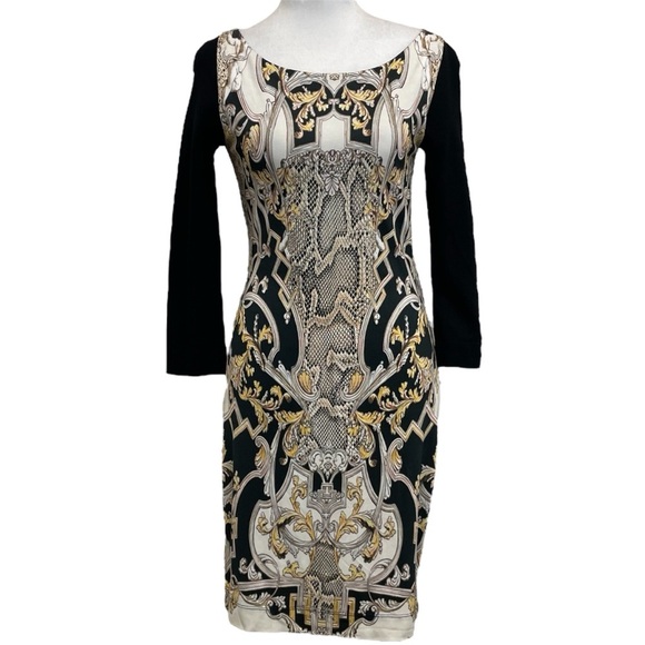 Roberto Cavalli Just Cavalli Black & Gold Baroque Printed Scuba Dress - Picture 1 of 12